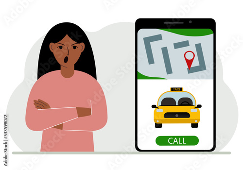 A woman next to a large smartphone on the screen which has a taxi and geolocation. The concept of a mobile taxi application or ordering a taxi online.