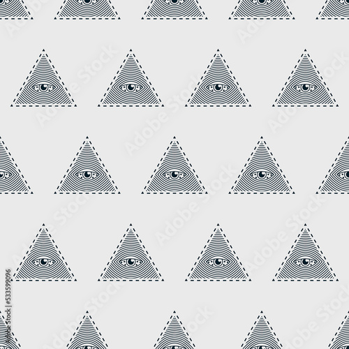 Eye in the triangle, pyramid vector icon seamless pattern. The sign of the third all-seeing eye. Esoteric symbol of intuition. Human design, yoga, hindu. Conspiracy theory of masons illustration