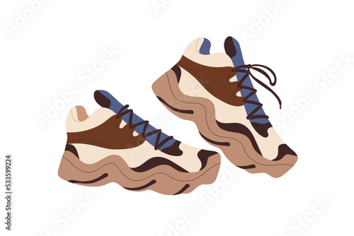 Fashion footwear. Comfortable sport shoes with wavy sole. Modern comfy foot wear. Trendy stylish athletic trainers, unisex laced footgears. Flat vector illustration isolated on white background