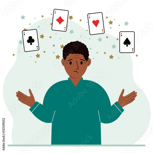 Man holding playing cards cards. Playing combination of 4 aces or four of a kind.