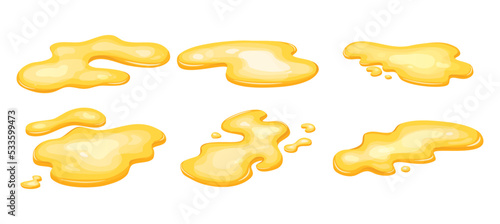 Set of yellow puddle oil, liquid gold, honey spill. Juice drop isolated in cartoon. Vector illustration