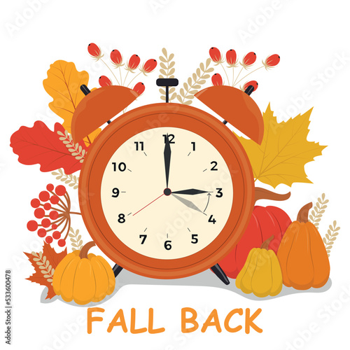 Fall Back concept. Clock change back one hour. Vector illustration