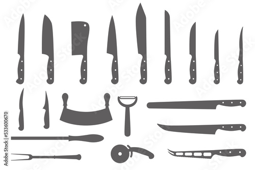 Chef knives set. Butcher meat cutting design elements. Silhouettes of cook kitchenware. Vector illustration