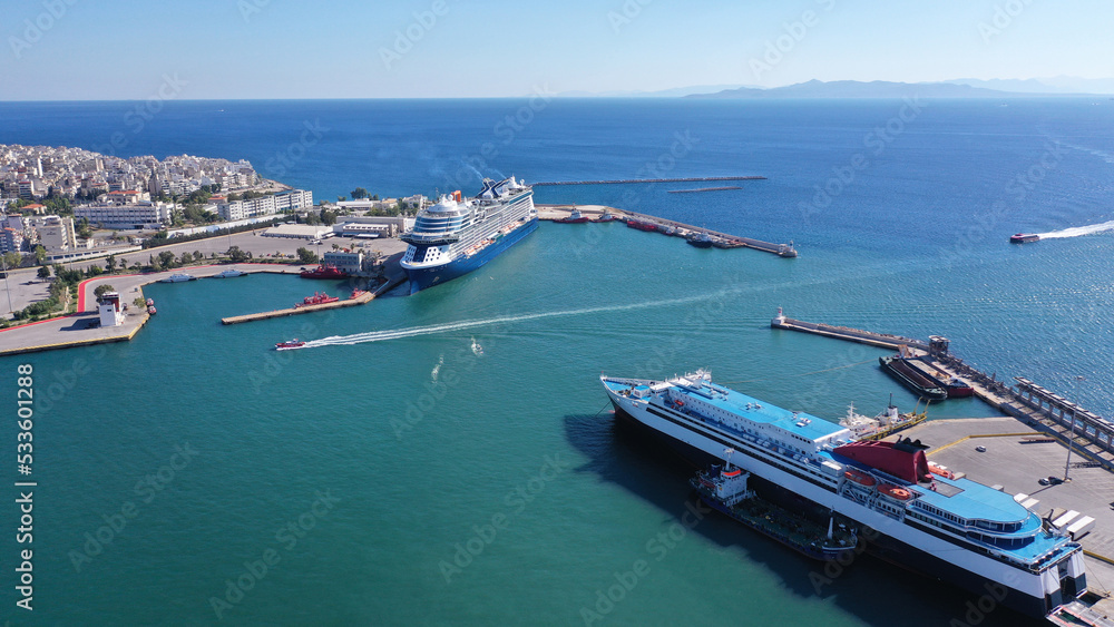 Aerial drone photo of famous and busy port of Piraeus where passenger ferries travel to Aegean destination islands, Attica, Greece