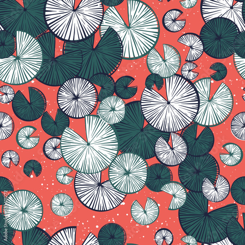Vector seamless pattern with water lilies lotus leaves and Japanese carps, koi fishes. Perfect for textile, fabric, wallpapers, graphic art, printing etc.