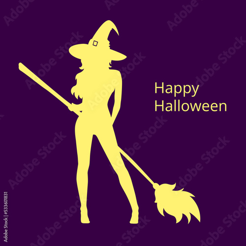 Silhouette of halloween beautiful sexy witch with broom and hat, vector illustration isolated