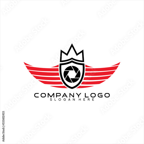 Vector logo design illustration of wings with crown and diaphragm symbol.