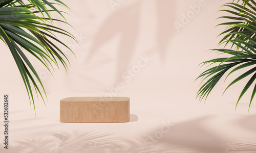 Podium with colorful pastel background and tree or leaf stand or podium pedestal on advertising display with blank backdrops. 3D rendering.