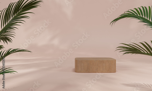 Podium with colorful pastel background and tree or leaf stand or podium pedestal on advertising display with blank backdrops. 3D rendering.