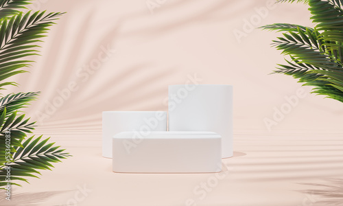 Fototapeta Naklejka Na Ścianę i Meble -  Podium with colorful pastel background and tree or leaf stand or podium pedestal on advertising display with blank backdrops. 3D rendering.