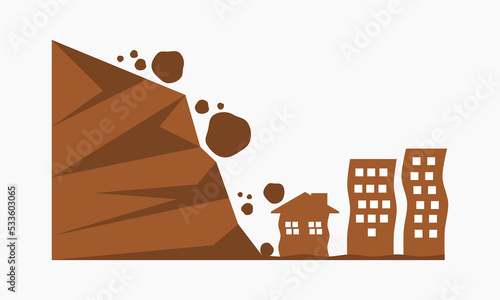 Brown building city house was shaken damaged by earthquake with rockfall mountain hill landslide disaster icon warning sign on white background flat vector design.