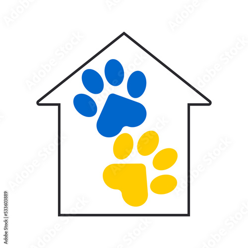 Paw of a cat or dog in the outline of a house. Animal care. Charity paw. Symbol of helping animals in shelters. Vector.
