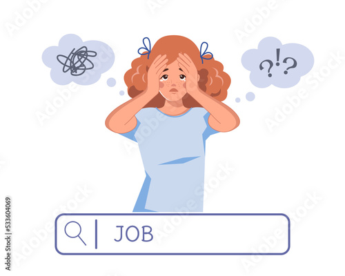 A fired woman is looking for a new job in a panic. Job search and job cuts