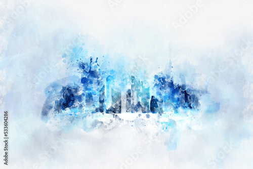 Blue skyscraper futuristic city abstract watercolor texture background. Painted watercolor background skylin photo