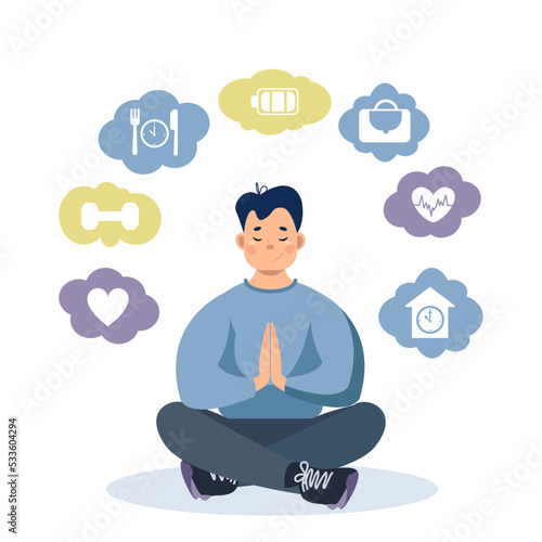 A peaceful brunette man in the lotus position and symbols of physical and mental health habits