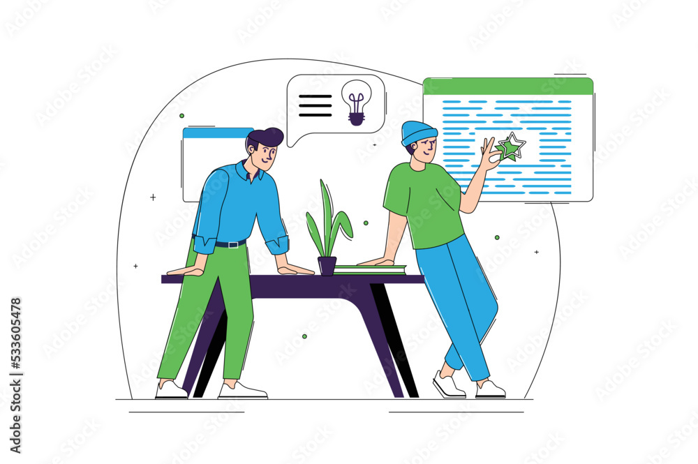 Creative agency blue and green concept with people scene in the flat cartoon design. Manager explains a new idea for project to colleague. Vector illustration.