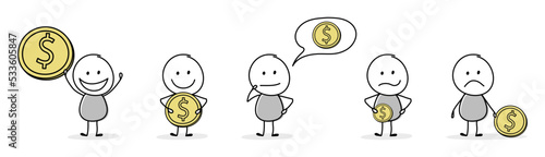 Money saving concept with cartoon businessman. Icon set. Vector