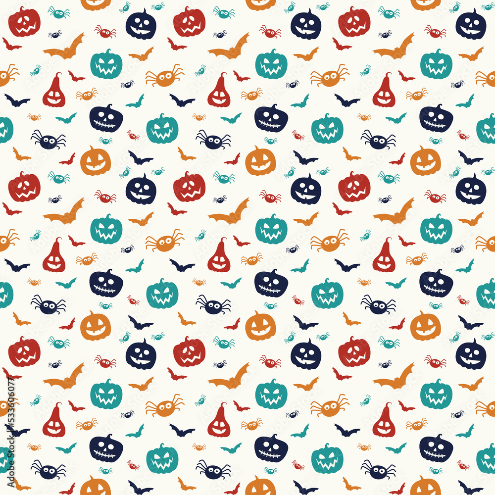 Funny Halloween texture with pumpkins, bats and spiders. Seamless pattern. Vector Funny Halloween texture with pumpkins, bats and spiders. Seamless pattern. Vector
