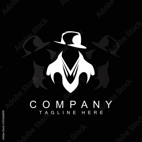 Detective Man Logo Design, Mafia Detective Fashion Tuxedo And Hat Illustration Vector, BlackMan Businesman Icon