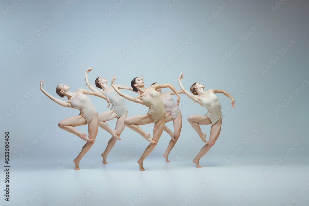 Fototapeta premium Group of young girls, ballet dancers performing, posing isolated over grey studio background. Flexibility, attraction, grace