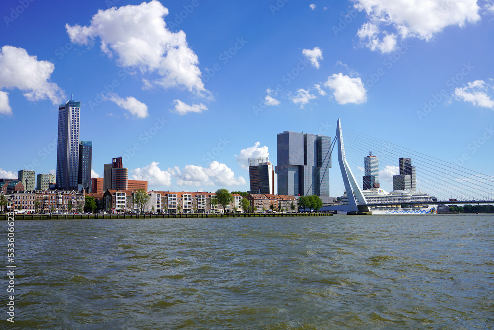 Rotterdam skyline with Erasmusbrug bridge on Nieuwe Maas river, Netherlands