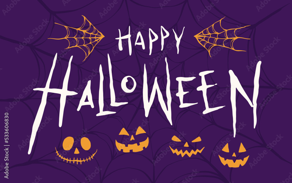 Happy halloween lettering with pumpkin and spider web backgroundHalloween background