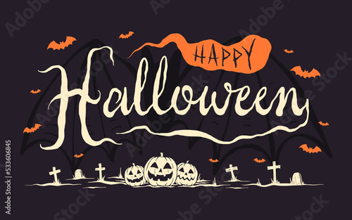 Happy halloween lettering with pumpkins and flying bats background