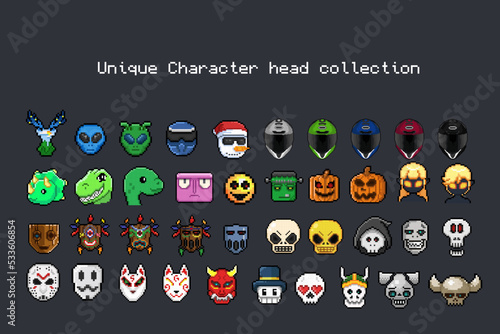 Unique Character head collection set in pixel art style