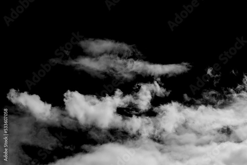 Large white clouds. Cloud isolated on black sky with fluffy white cloudscape texture. Black sky nature background, cloudy, white and black