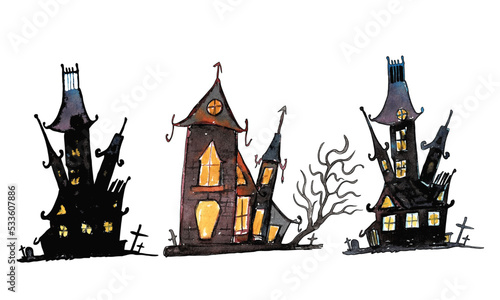 Watercolor Halloween Haunted Houses