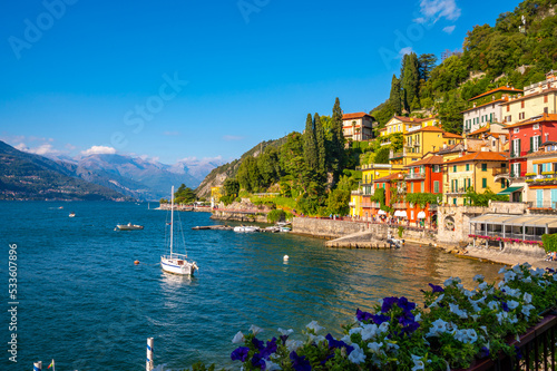 The village of Varenna, on Lake Como, photographed on a summer day. 