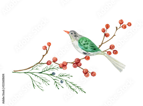 Watercolor vector arrangement with Christmas tree toy bird and holly jolly br...