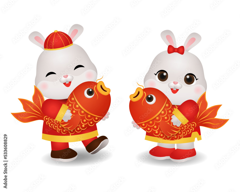 Cute rabbit couple holding koi fish as symbol of Chinese new year celebration. Cartoon design character