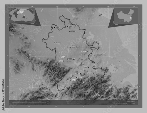 Anhui, China. Grayscale. Labelled points of cities photo