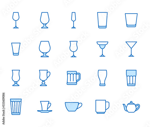 Glass illustration including icons - beer mug, whiskey shot, wineglass, teapot minimal vector illustration. Simple thin line art about cocktail, beverage. Blue Color, Editable Stroke