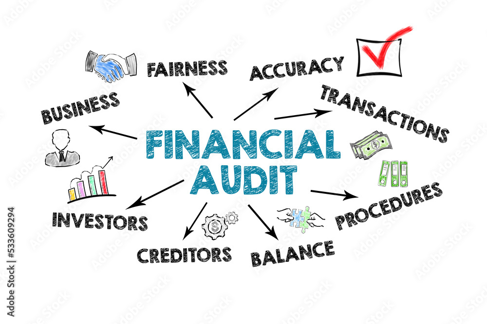 Financial Audit. Illustration with keywords, icons and direction arrows on a white background