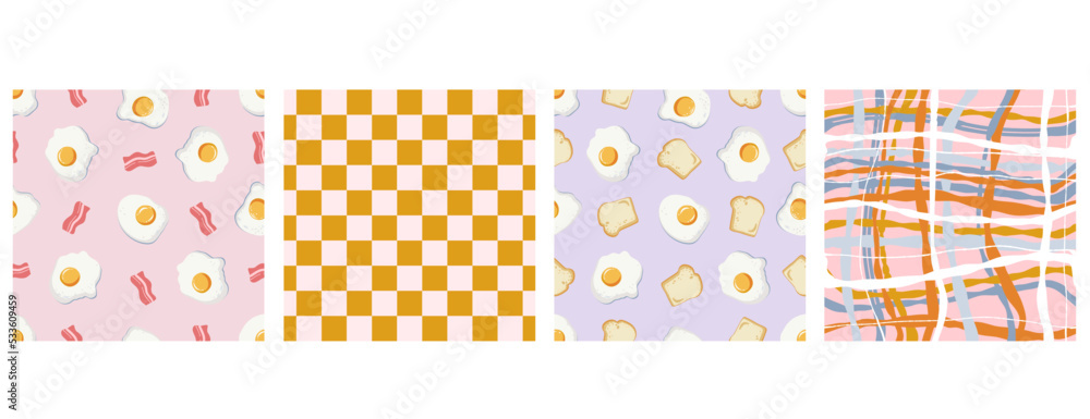 Set of seamless patterns with fried eggs, bacon, toast and cool textures.