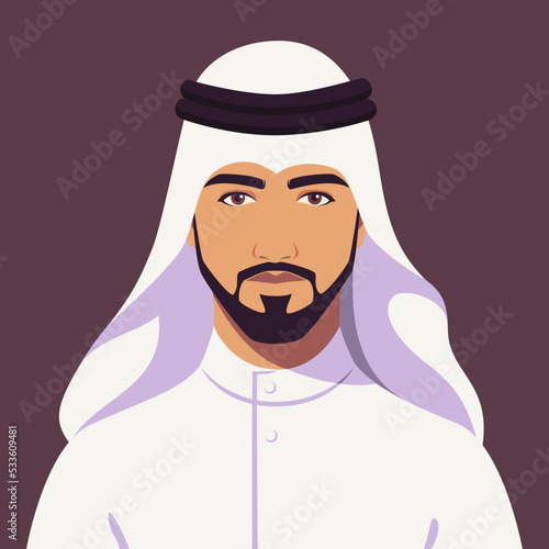 Portrait of bearded arab business man wearing UAE traditional dress. Oriental businessman. The guy in national clothes. Abstract male portrait, full face. Stock vector illustration in flat style.