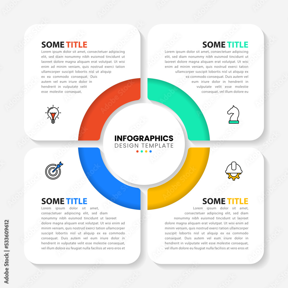 Infographic template. 4 squares with text around a circle with a title