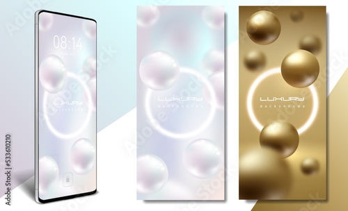Luxury Flying Jewelry Pearl and Gold Sphere White Glow Ring Frame Smartphone Wallpapers Set with glassmorphism element. Vector smartphone screenlock delicate theme. Abstract mobile science design