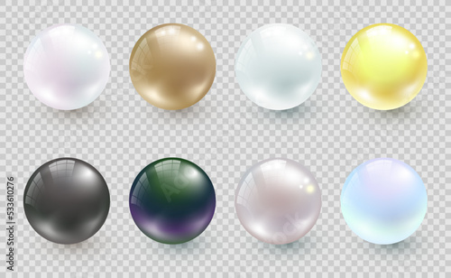 Realistic pearl set isolated on transparent background. Round white, grey, black pearl oyster, precious gem. Vector spherical pink, green, yellow 3D orb jewel with transparent glares and highlight