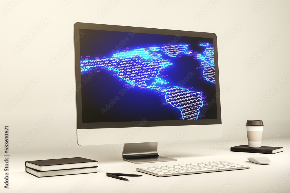 America map on modern computer monitor, big data and digital technology concept. 3D Rendering America map on modern computer monitor, big data and digital technology concept. 3D Rendering