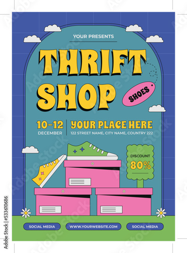 Thrift shop flyer pamphlet brochure poster design vector template in A4 size, charity, give, sale template