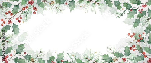 Watercolor Christmas vector background with green leaves and holly berries.