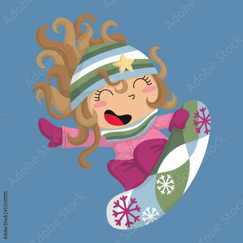 Funny girl jumping with her snowboard, winter illustration