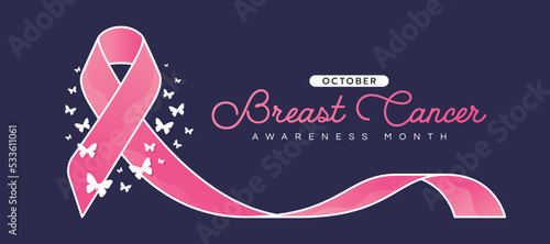 October Breast cancer awareness month - pink ribbon with white butterflys flying around on dark purple background vector design