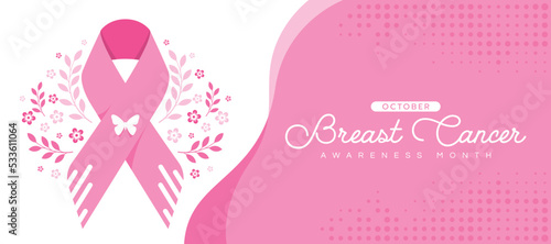 October Breast cancer awareness month - pink ribbon sign with white butterfly button and pink flowers leaf around on white pink background vector design