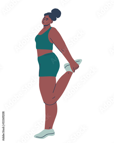 Woman stretching her thigh muscles before or after training. Female character working out. Hand drawn vector illustration