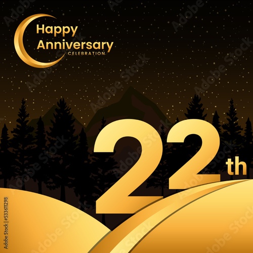 22th anniversary, Anniversary Celebration with golden text, isolated on mountains background, vector template illustration