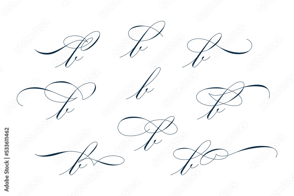 Set of beautiful calligraphic flourishes on letter b isolated on white background for decorating text and calligraphy on postcards or greetings cards. Vector illustration. Set of beautiful calligraphic flourishes on letter b isolated on white background for decorating text and calligraphy on postcards or greetings cards. Vector illustration.